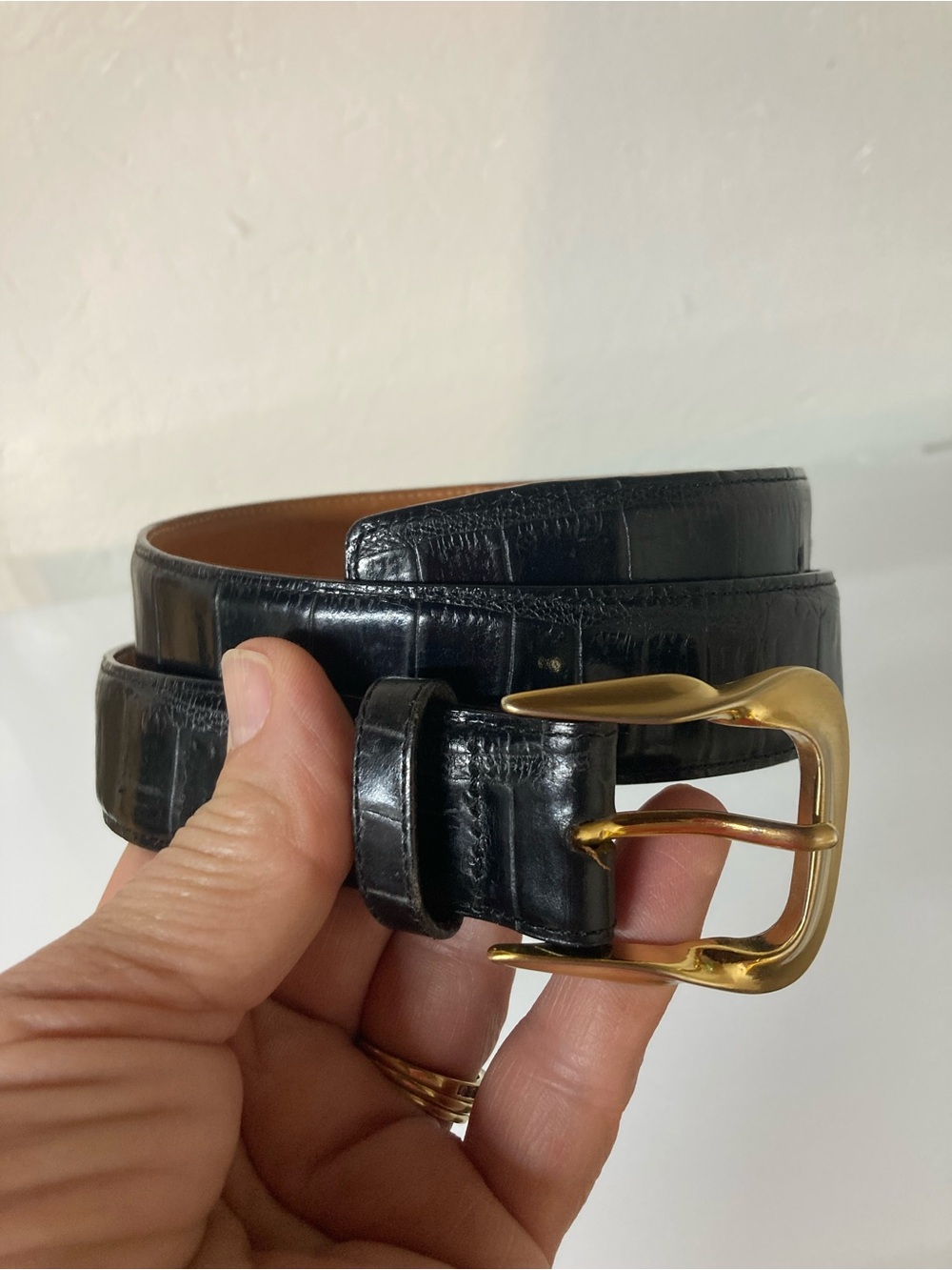 Lands' End size 28 Black Croc-Embossed Leather Belt with Gold Buckle VTG 1991